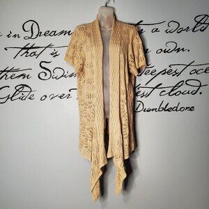 Woman Within Open Front Pointelle Tan Short Sleeve Cardigan, 14/16